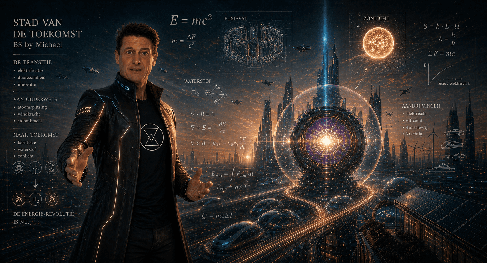 Futuristische stad met elektrische infrastructuur, AI en natuurkundige formules over energie en elektrificatie
